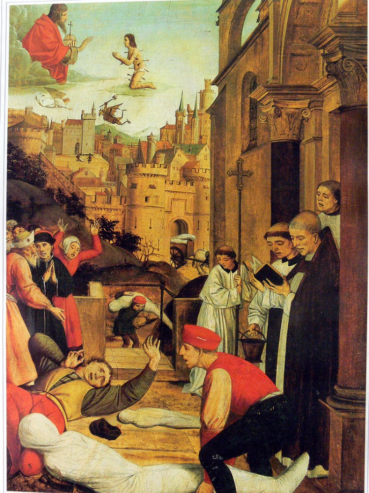 סבסטיאן הקדוש מפציר בישו לרחם על קברן שנדבק במגפה היוסטיניאנית. מתוך ויקיפדיה