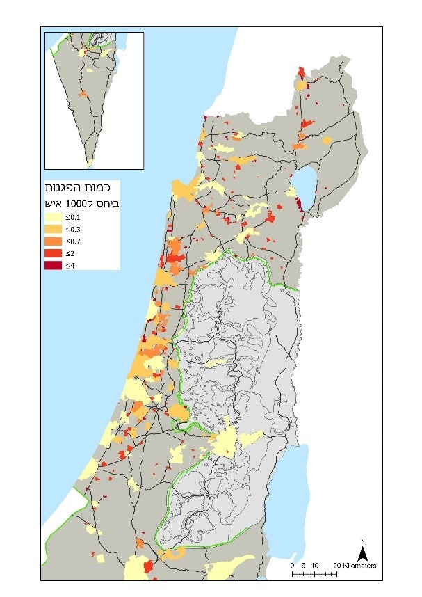 כמות מוקדי ההפגנות ברחבי הארץ ביחס לגודל האוכלוסייה בישוב