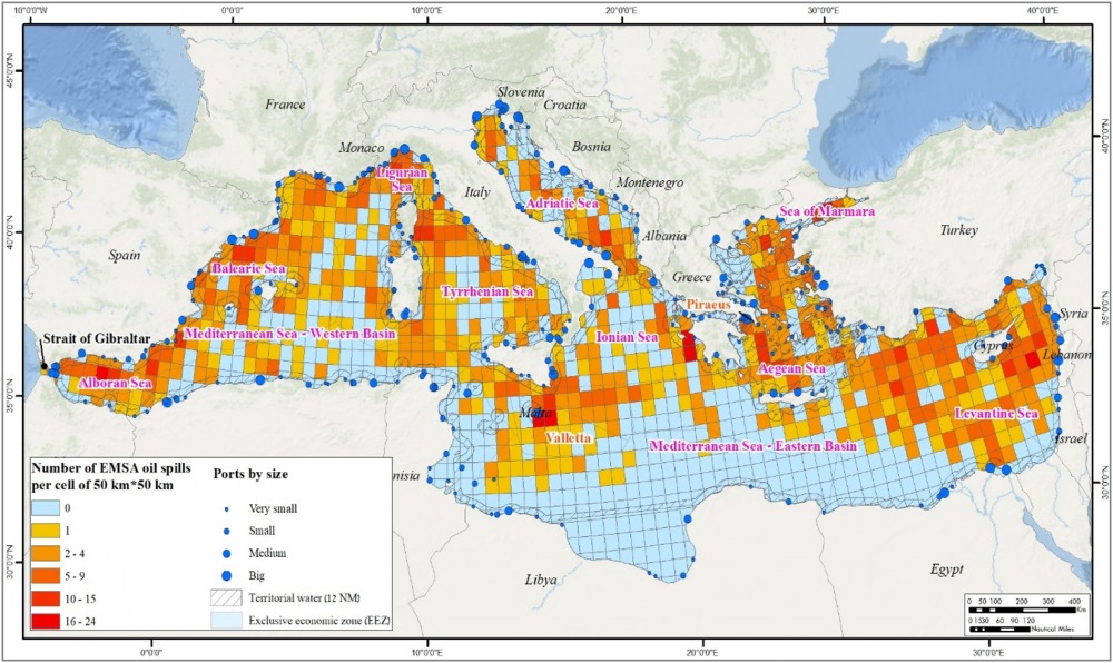 The distribution of 2066 EMSA oil spills in the Mediterranean Sea for the period 2015–2017
