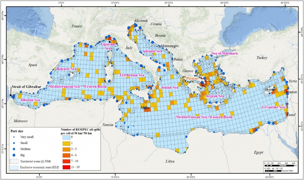 The distribution of 385 REMPEC spills in the Mediterranean Sea for the period 1977–2000
