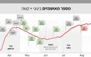קצב הגידול של המאושפזים במצב בינוני וקשה, המושפע מצעדי מנע והנחיות ממשלתיות, בעיכוב של כ-10-12 ימים. ניתן להבחין בצורות השונות של הגל הראשון והשני דרכו